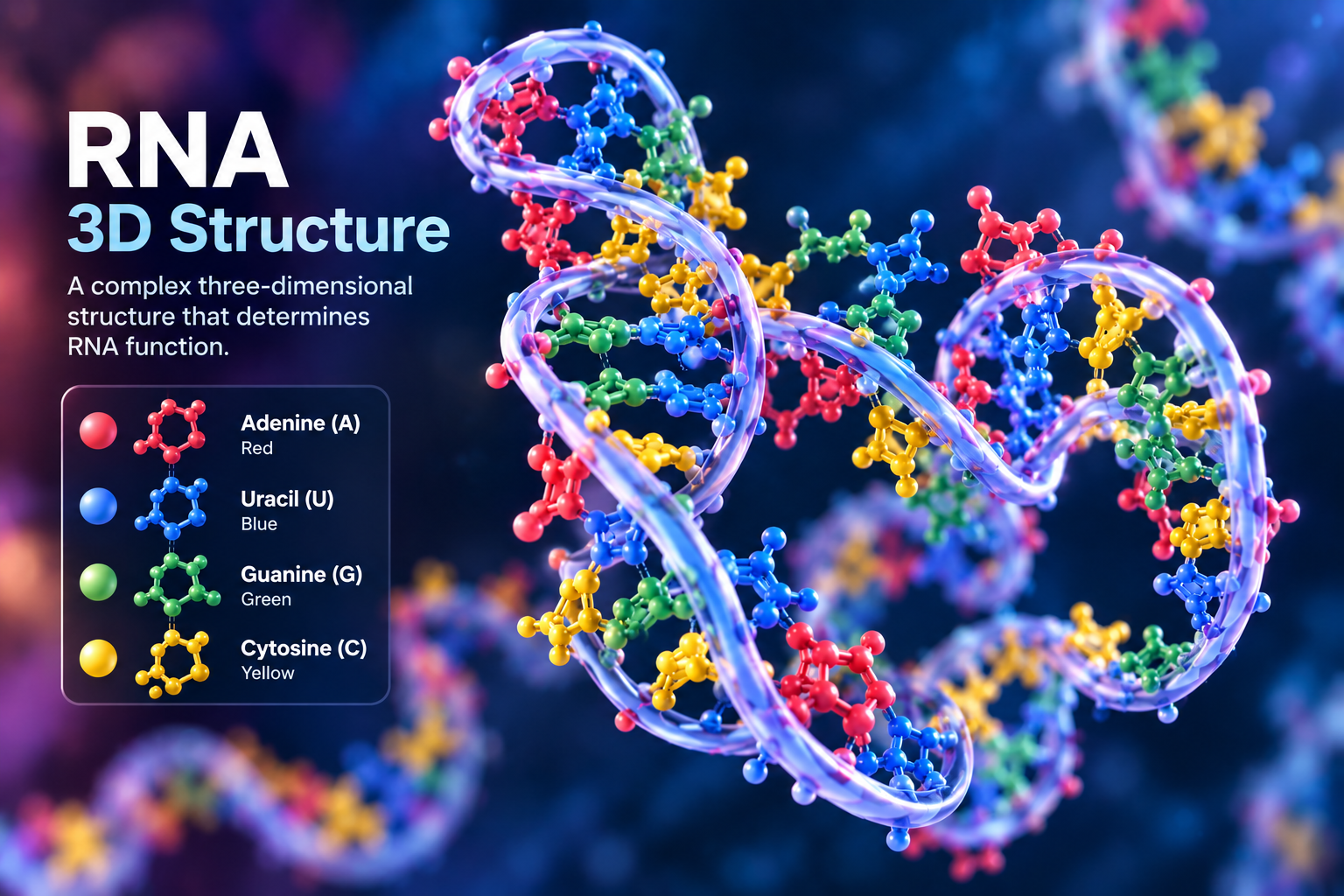 Illustration of an RNA three-dimensional structure with clearly labeled adenine, uracil, guanine and cytosine